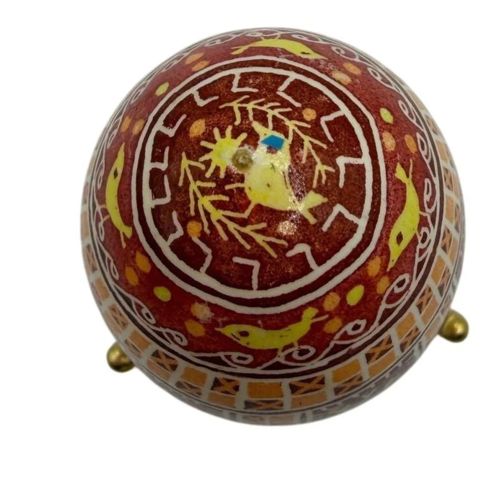 Hand Painted Pysanka Ukrainian Easter Egg‎ Red Reindeer Bird Folk Art with Stand